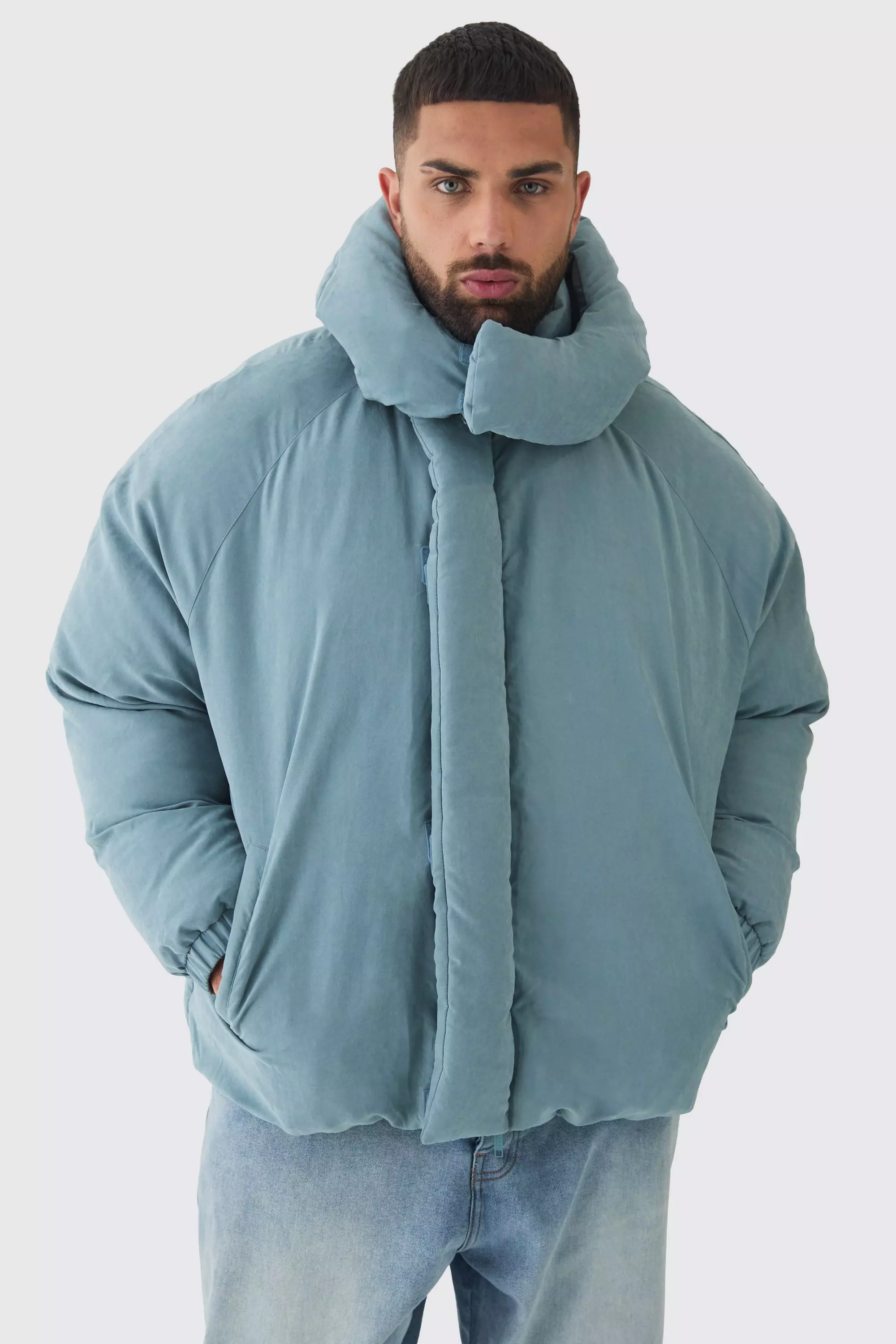 Blue padded coat with fur hood online